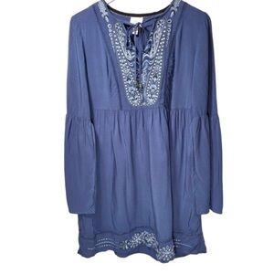 Knox Rose Boho Embroidered Eyelet Bell Slit Sleeves Mini Dress in Blue